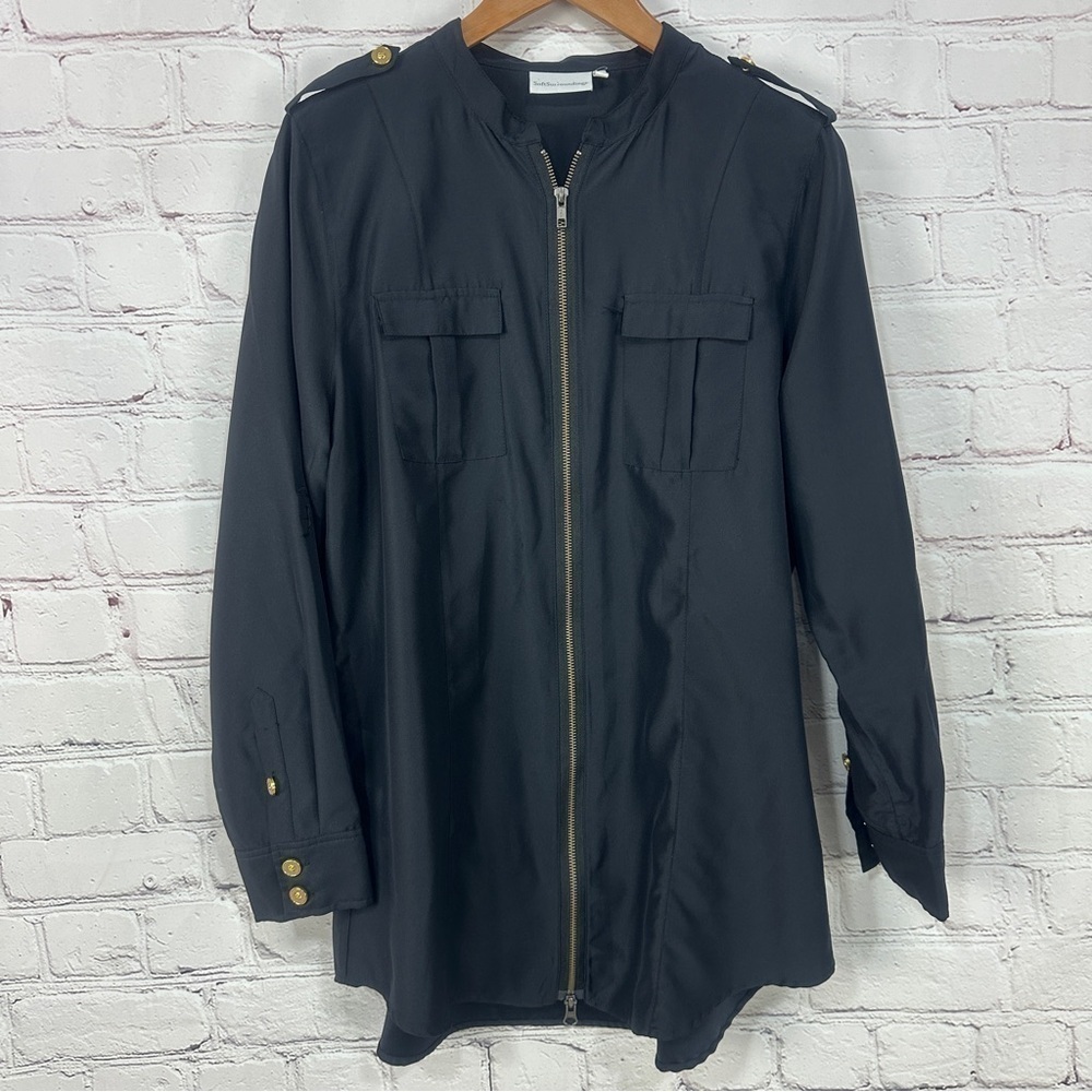 Soft Surroundings black tunic shirt blouse size large long length gold zipper - Picture 4 of 14
